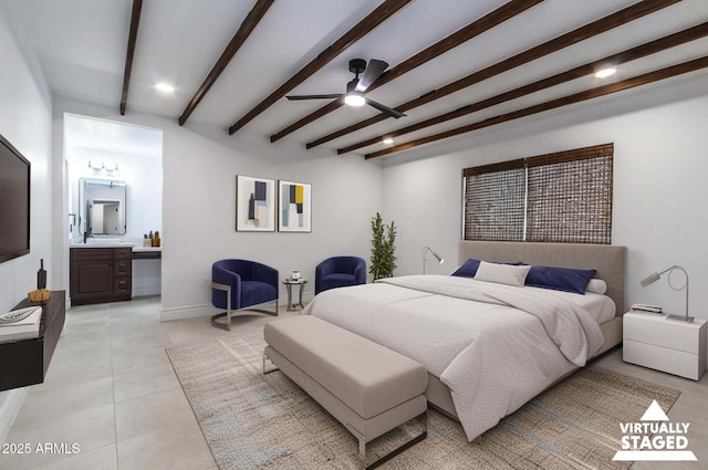 3646 W Brown St, Phoenix, AZ 85051 - bedroom featuring beam ceiling, light tile patterned flooring, ensuite bathroom, baseboards, and a ceiling fan