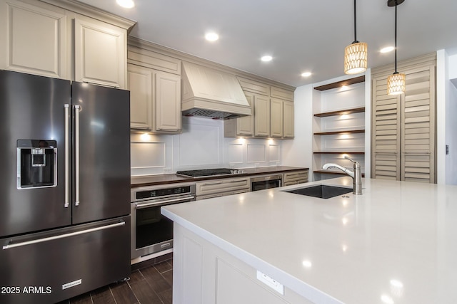 3646 W Brown St, Phoenix, AZ 85051 - kitchen featuring stainless steel appliances, a sink, custom range hood, open shelves, and cream cabinetry