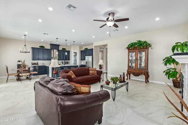 living room featuring ceiling fan and light tile floors