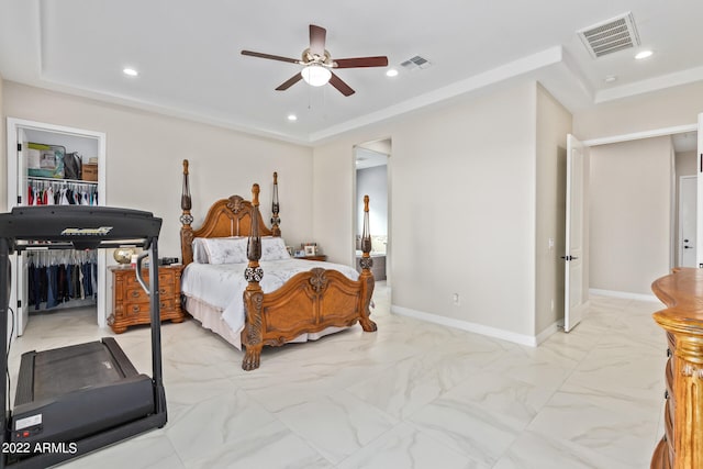 bedroom featuring ceiling fan and light tile floors