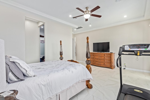 tiled bedroom with ceiling fan