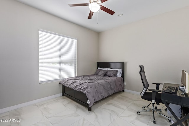 bedroom featuring ceiling fan and light tile flooring