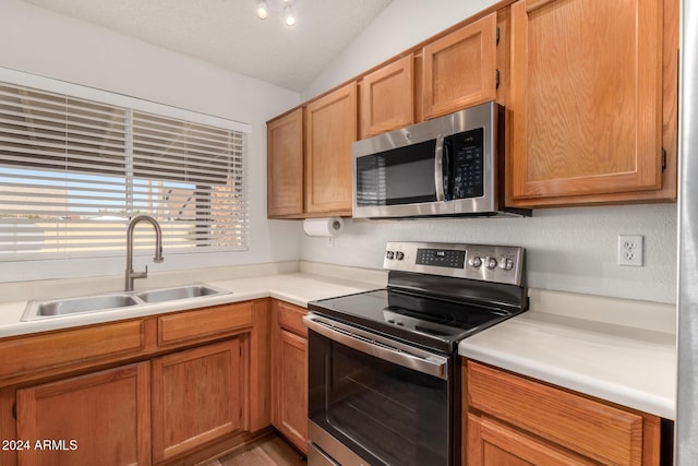 kitchen featuring sink, stainless steel appliances, and vaulted ceiling