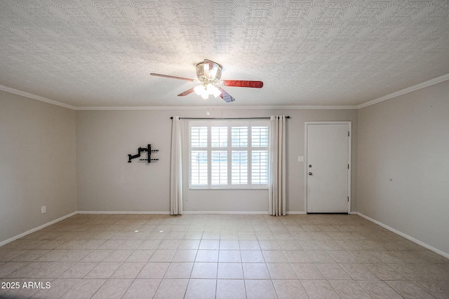 tiled empty room with ceiling fan, crown molding, and a textured ceiling