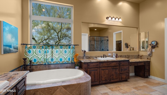 36813 N 109th Way, Scottsdale, AZ 85262 - bathroom featuring vanity, a bath, a shower stall, and a towering ceiling