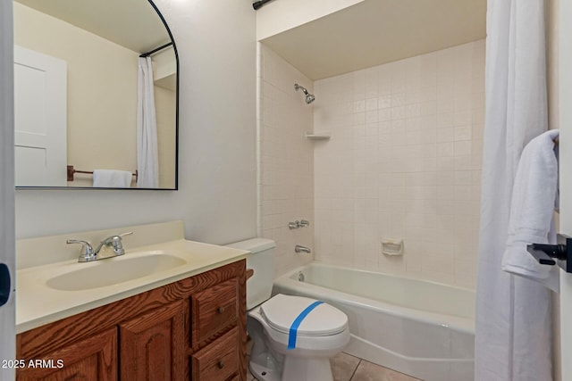 12015 S Tuzigoot Dr, Phoenix, AZ 85044 - bathroom with toilet, shower / bathtub combination with curtain, vanity, and tile patterned floors