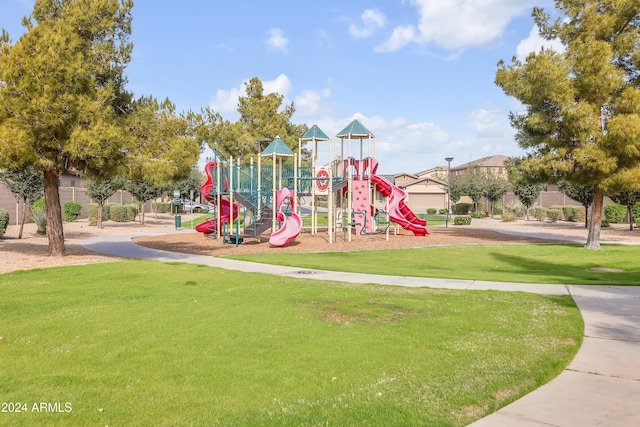 view of jungle gym featuring a yard