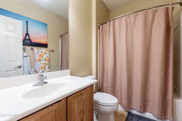 full bathroom with tile patterned flooring, vanity, toilet, and shower / bathtub combination with curtain