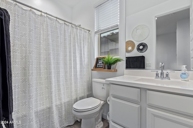 bathroom featuring toilet, a shower with curtain, and vanity