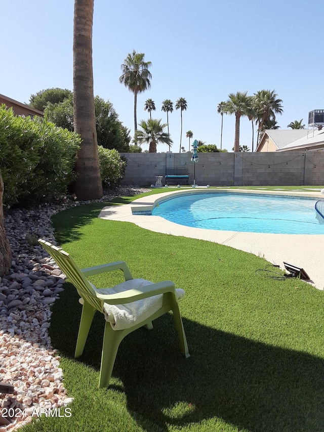 view of swimming pool with a lawn