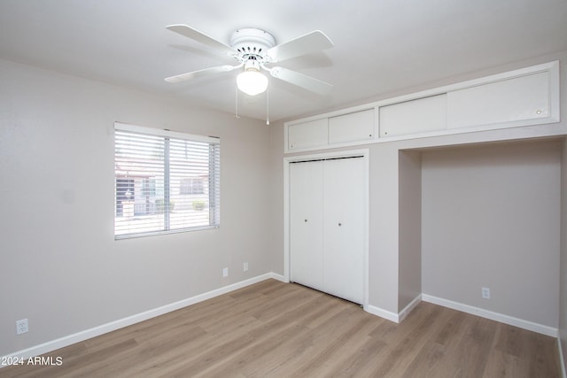 4502 E Carol Ave Unit 1, Mesa, AZ 85206 - unfurnished bedroom featuring light wood-style flooring, a closet, baseboards, and ceiling fan