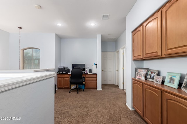 office featuring light carpet, visible vents, and recessed lighting