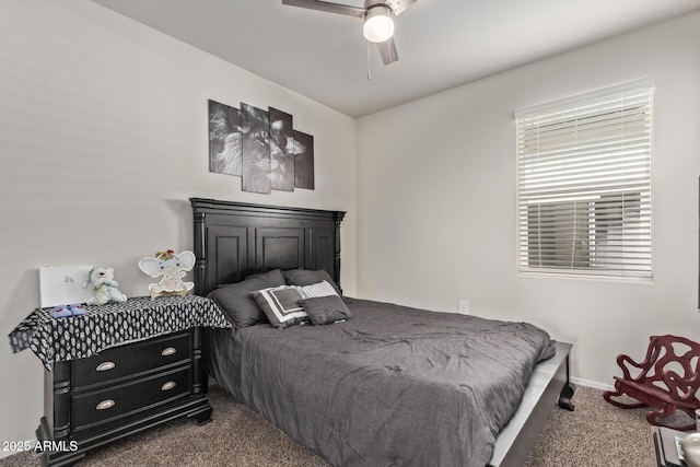 bedroom with ceiling fan and carpet floors