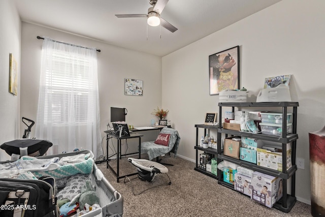 carpeted bedroom with ceiling fan