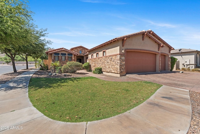 3215 E Constance Way, Phoenix, AZ 85042 - mediterranean / spanish-style home featuring stucco siding, stone siding, an attached garage, a front lawn, and decorative driveway