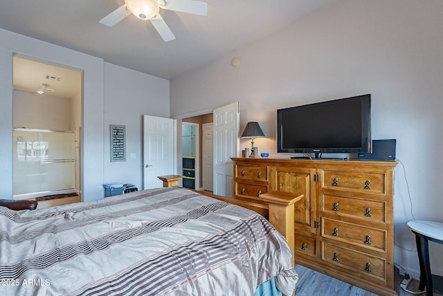 bedroom with a ceiling fan and wood finished floors