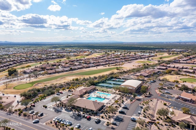 birds eye view of property with a residential view and golf course view