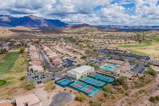 drone / aerial view featuring a mountain view and a residential view