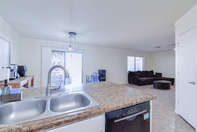 10856 E Arcadia Ave, Mesa, AZ 85208 - kitchen featuring black dishwasher, white cabinetry, light countertops, pendant lighting, and crown molding