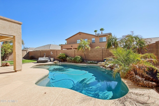 view of pool featuring a fenced in pool, a patio area, and a fenced backyard