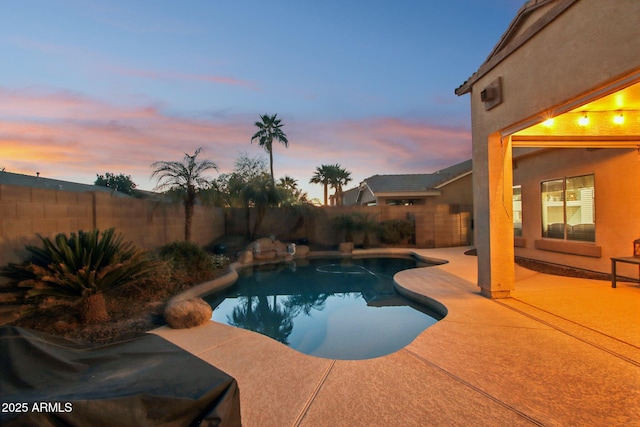 view of swimming pool with a patio, a fenced backyard, and a fenced in pool