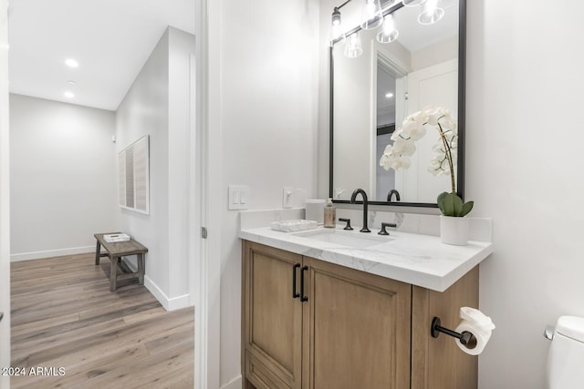 bathroom featuring vanity, wood-type flooring, and toilet