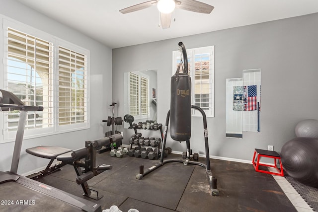 workout room featuring ceiling fan