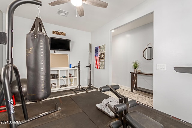 exercise area featuring ceiling fan