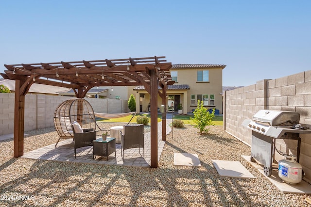 view of patio with a pergola, grilling area, and central air condition unit