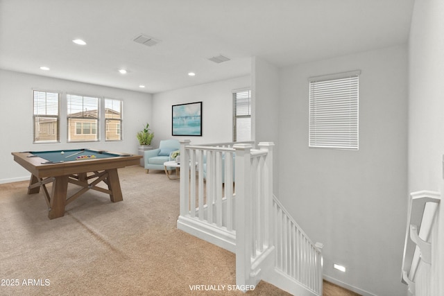 rec room featuring light carpet, baseboards, visible vents, pool table, and recessed lighting