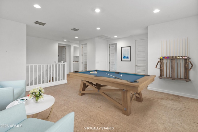 game room with recessed lighting, carpet, visible vents, and pool table