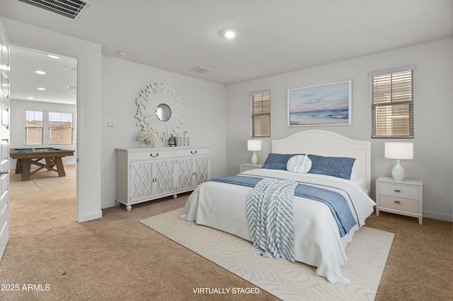 bedroom featuring carpet, visible vents, baseboards, and recessed lighting