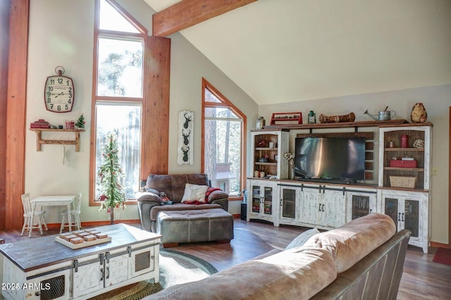 living room with lofted ceiling with beams, wood finished floors, and baseboards