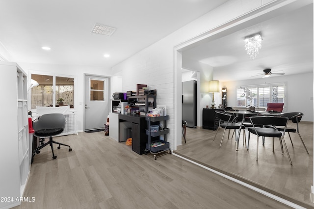 office area featuring ceiling fan and light hardwood / wood-style flooring