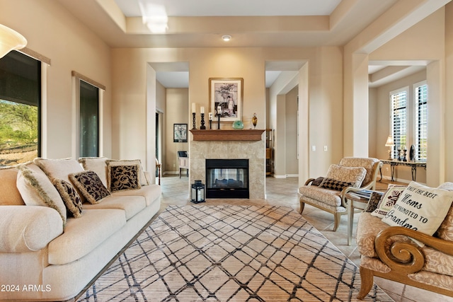 living room featuring a fireplace