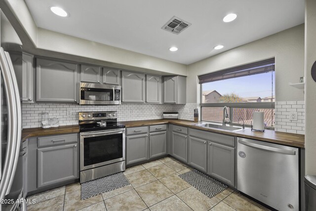 kitchen with visible vents, wooden counters, gray cabinets, a sink, and stainless steel appliances
