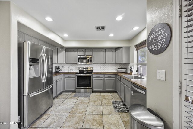 kitchen with visible vents, a sink, gray cabinetry, stainless steel appliances, and butcher block counters