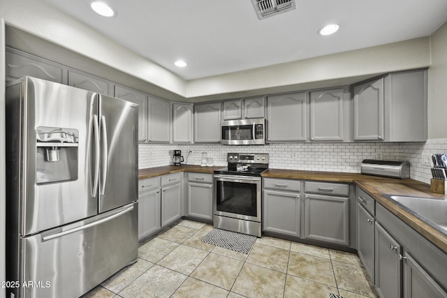 kitchen featuring visible vents, butcher block countertops, gray cabinets, tasteful backsplash, and stainless steel appliances