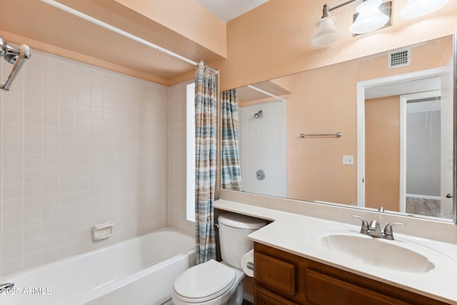 full bathroom with vanity, shower / bathtub combination with curtain, and toilet