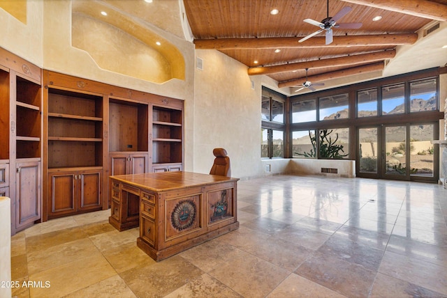 office space featuring ceiling fan, wooden ceiling, recessed lighting, a towering ceiling, and beam ceiling