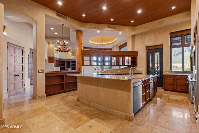 kitchen featuring wood ceiling, visible vents, a large island with sink, and stainless steel dishwasher