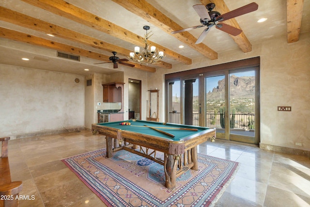 recreation room featuring recessed lighting, billiards, visible vents, baseboards, and beam ceiling