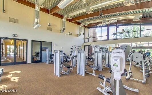2009 E Lindrick Dr, Gilbert, AZ 85298 - gym featuring a high ceiling, carpet flooring, and beamed ceiling
