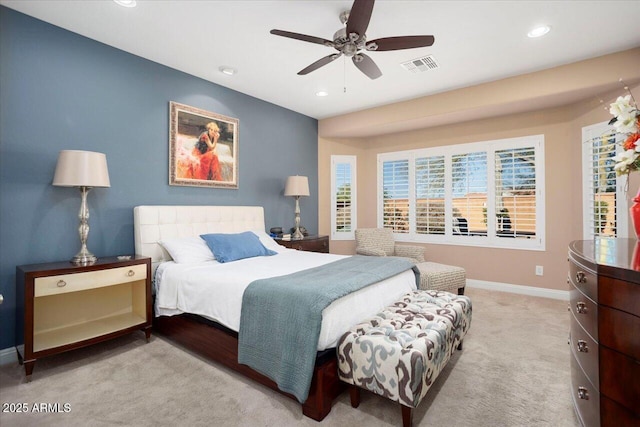 carpeted bedroom featuring ceiling fan