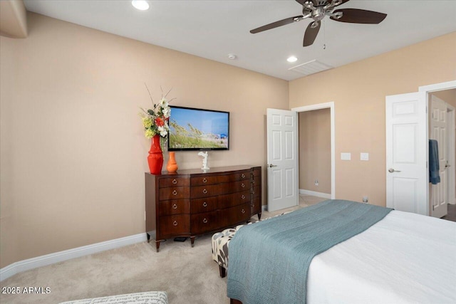 bedroom featuring ceiling fan and light colored carpet