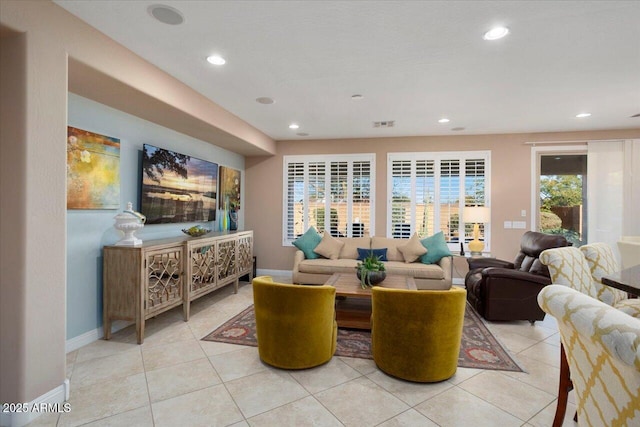 living room featuring light tile patterned floors