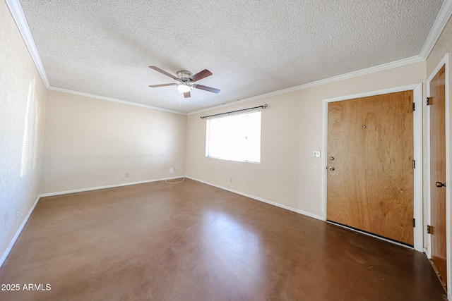 spare room featuring ornamental molding, ceiling fan, and a textured ceiling