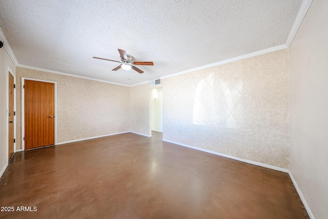 empty room featuring crown molding, ceiling fan, concrete flooring, and a textured ceiling