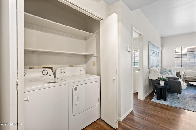 930 N Mesa Dr Unit 1079, Mesa, AZ 85201 - laundry room featuring baseboards, dark wood-style flooring, separate washer and dryer, and laundry area