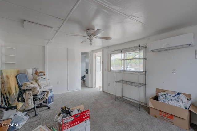 miscellaneous room with carpet, ceiling fan, and a wall unit AC